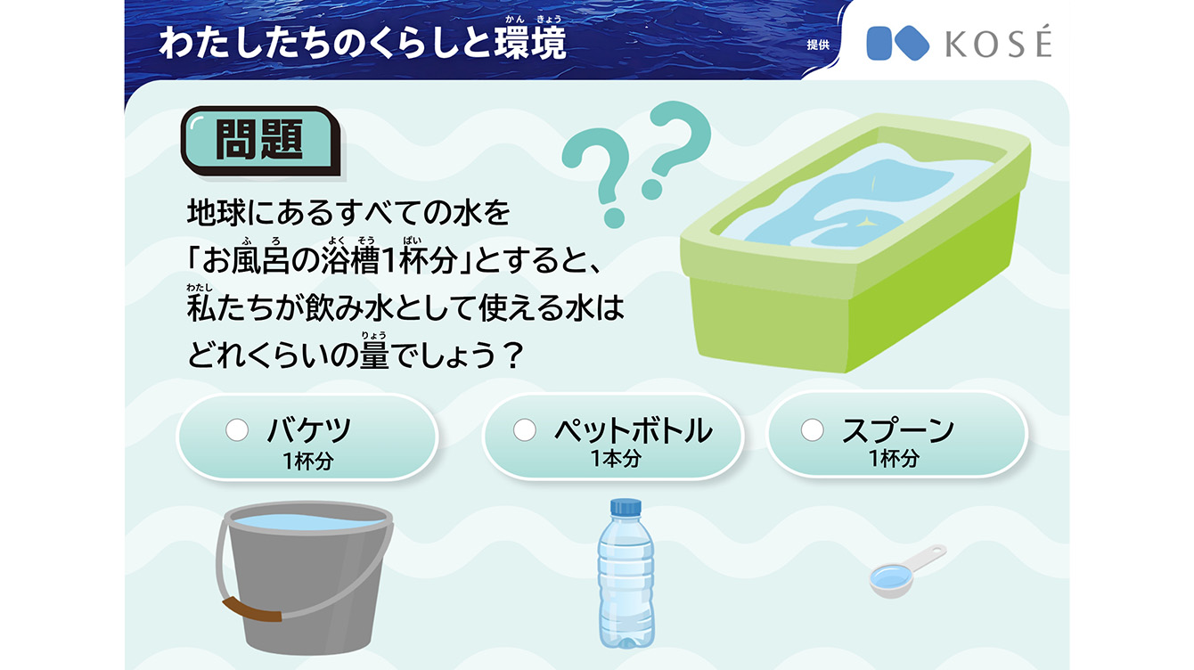 「お風呂の浴槽1杯分」とすると、私たちが飲み水として使える水はどれくらいの量でしょう？