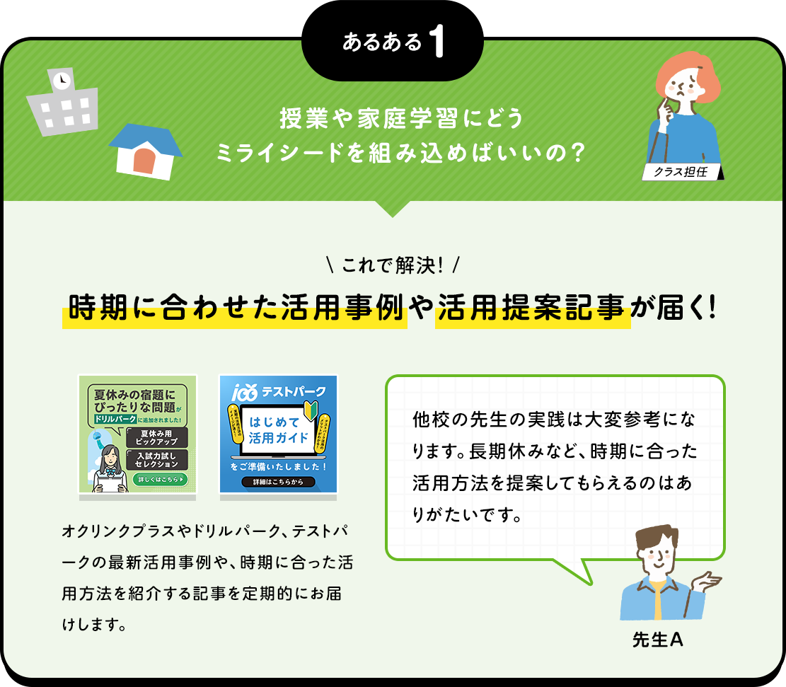 あるある1 授業や家庭学習にどうミライシードを組み込めばいいの？ これで解決！時期に合わせた活用事例や活用提案記事が届く！ オクリンクプラスやドリルパーク、テストパークの最新活用事例や、時期に合った活用方法を紹介する記事を定期的にお届けします。 他校の先生の実践は大変参考になります。長期休みなど、時期に合った活用方法を提案してもらえるのはありがたいです。